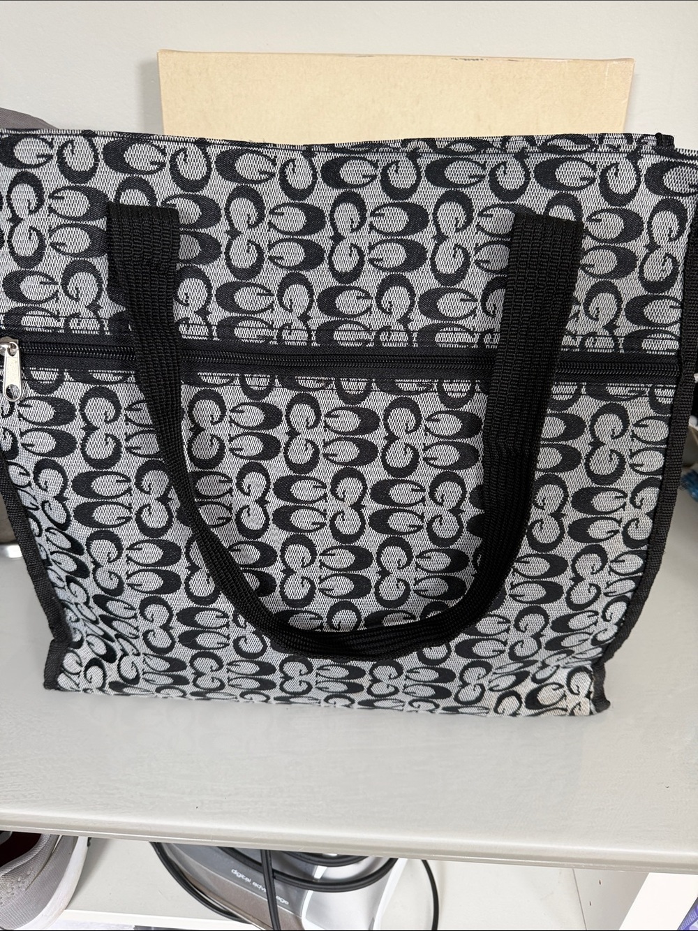 Guess Black and Gray Patterned Tote with Front Zip Pocket
